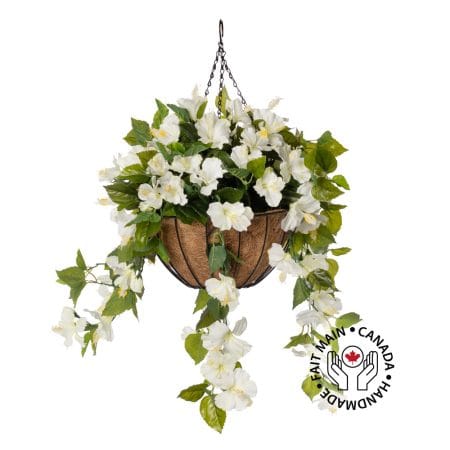 Jardinière suspendue d'hibiscus blanc artificiel, 24 x 22