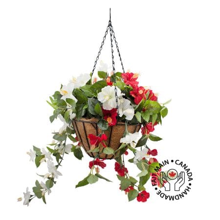 Jardinière suspendue d'hibiscus rouge et blanc artificiel, 24 x 22