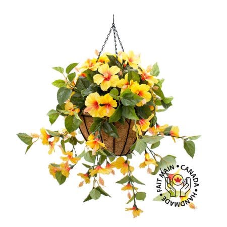Jardinière suspendue d'hibiscus jaune artificiel, 24 x 22''