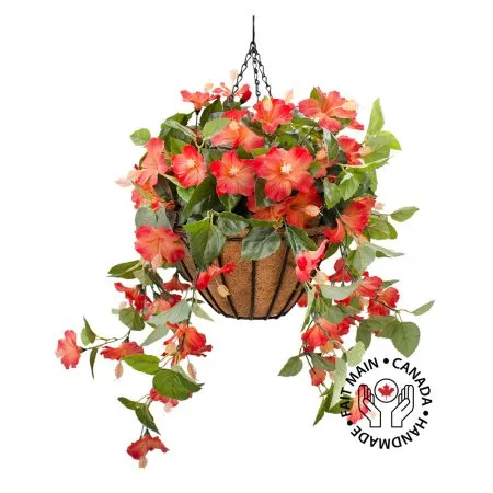 Orange hibiscus outdoor hanging flower basket, 24 x 22