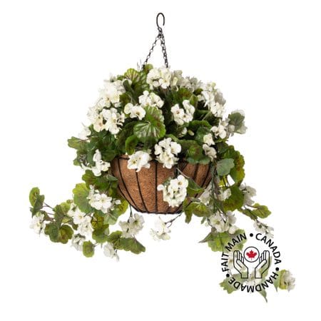 Jardinière suspendue de géranium blanc artificiel, 24 x 22''