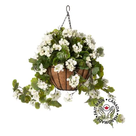 Jardinière suspendue de géranium blanc artificiel, 24 x 22''