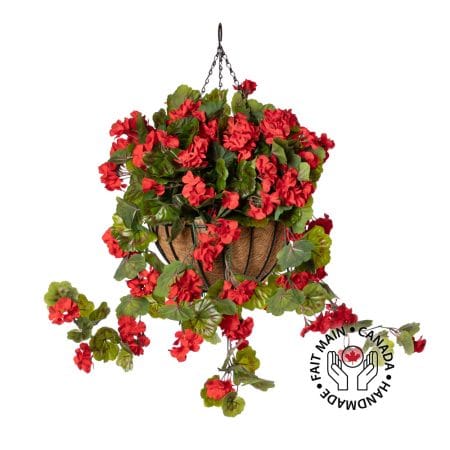 Jardinière suspendue de géranium rouge artificiel, 24 x 22
