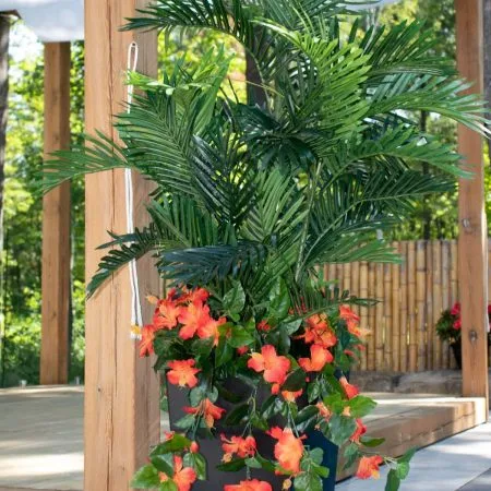 Outdoor palm tree and orange hibiscus, 6,5' - Décors Véronneau