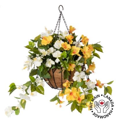 Jardinière suspendue d'hibiscus jaune et blanc artificiel, 24 x 22