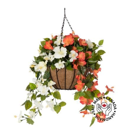 Jardinière suspendue d'hibiscus orange et blanc artificiel, 24 x 22