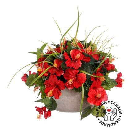 Centre de table extérieur d'hibiscus rouge artificiel, 14 x 20