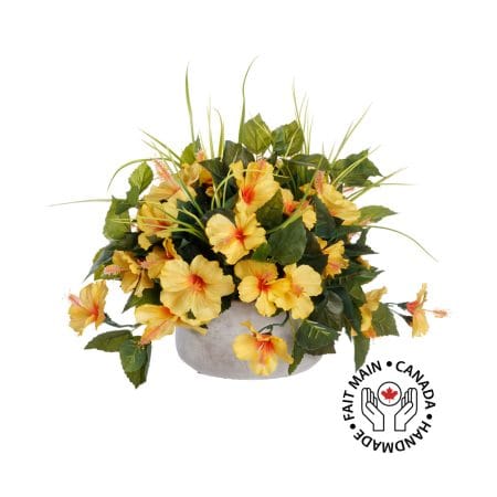 Centre de table extérieur d'hibiscus jaune artificiel, 14 x 20