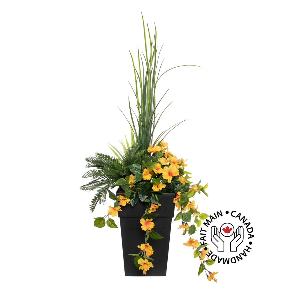 Arrangement floral extérieur d'hibiscus jaune et feuillage artificiels, 55" - Décors Véronneau