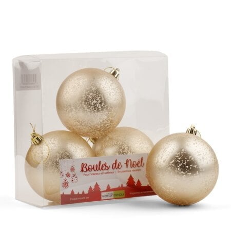 Boîte de boules de Noël champagne mercure mat, 3-10'' - Décors Véronneau