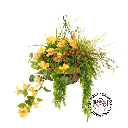 Outdoor hanging flower pot with yellow hibiscus, 27 x 20