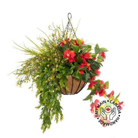 Outdoor hanging flower pot with red hibiscus, 27 x 20