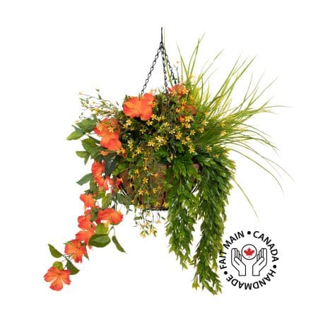 Outdoor hanging flower pot with orange hibiscus, 27 x 20