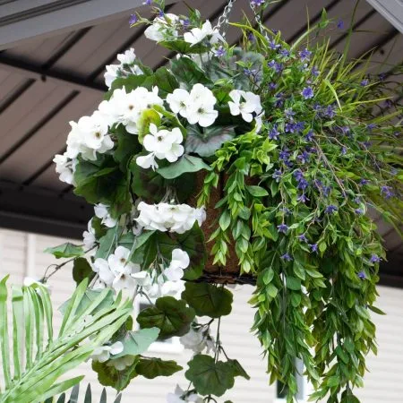 Pot de fleurs suspendu avec géranium blanc artificiel, 27 x 20