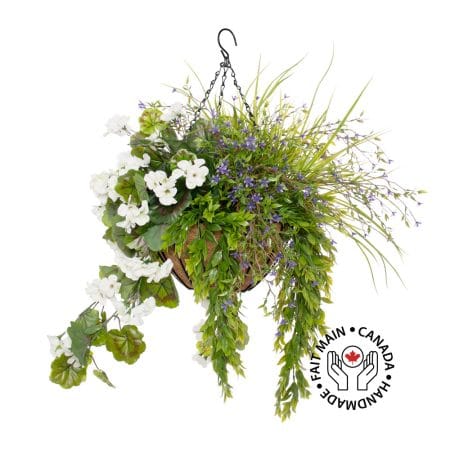 Outdoor hanging flower pot with white geranium, 27 x 20