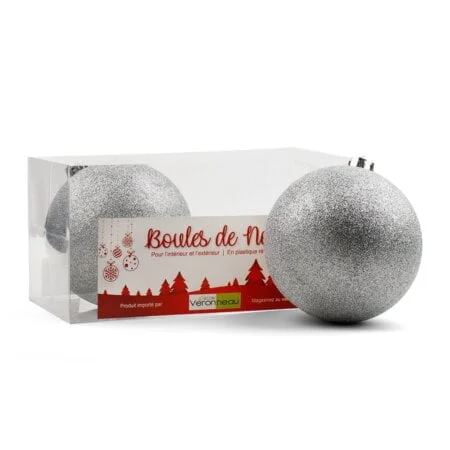 Box of sparkling silver Christmas ball ornaments, 6'' - Décors Véronneau