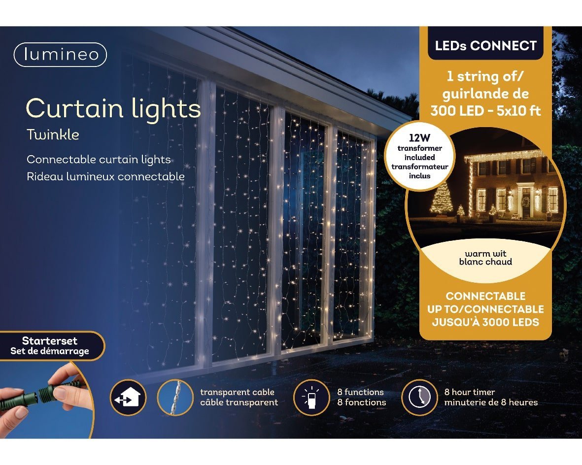 Rideau lumineux de Noël, 300 DELs, fil clair, blanc chaud, 10 x 5' – Image 3 - Décors Véronneau