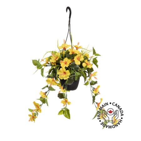 Jardinière suspendue d'hibiscus jaune artificiel, 18 x 16