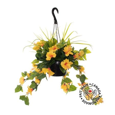Jardinière suspendue d'hibiscus jaune artificiel, 18 x 16