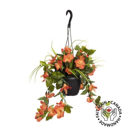 Jardinière suspendue d'hibiscus orange artificiel, 18 x 16
