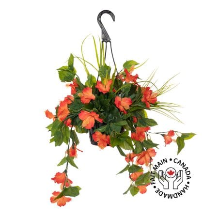 Jardinière suspendue d'hibiscus orange artificiel, 18 x 16