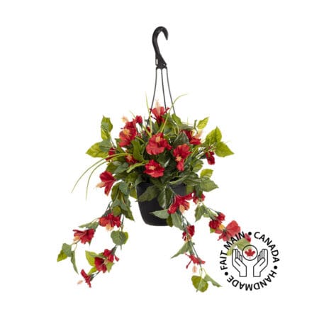 Outdoor hanging planter of red hibiscus, 18 x 16