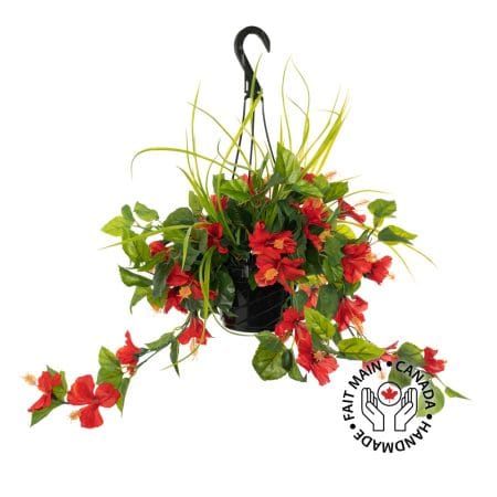 Jardinière suspendue d'hibiscus rouge artificiel, 18 x 16