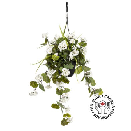 Jardinière suspendue de géranium blanc artificiel, 18 x 16