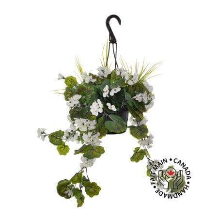 Jardinière suspendue de géranium blanc artificiel, 18 x 16