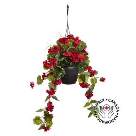 Jardinière suspendue de géranium rouge artificiel, 18 x 16