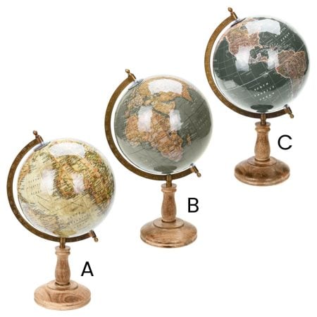 Globe terrestre sur pied en bois de manguier, 15 x 8,5'' - Décors Véronneau