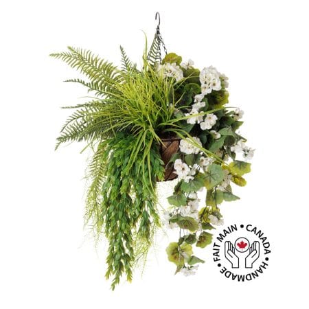Artificial white geranium and greenery hanging arrangement, 32 x 22''