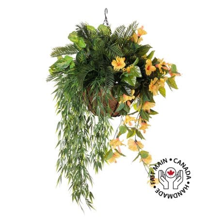 Panier suspendu artificiel de cycas et hibiscus jaune, 36 x 22''