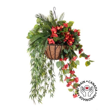 Panier suspendu artificiel de cycas et hibiscus rouge, 36 x 22''