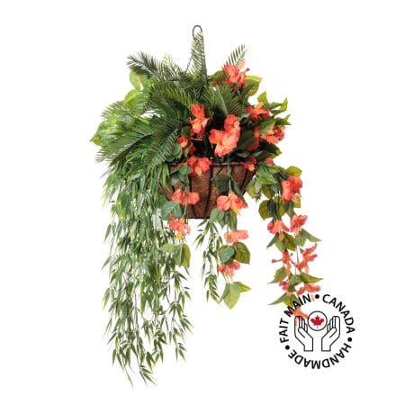 Panier suspendu artificiel de cycas et hibiscus orange, 36 x 22''