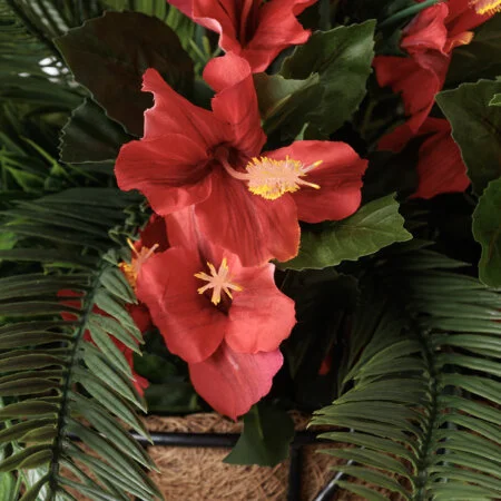 Artificial cycas and red hibiscus hanging arrangement, 36 x 22'' - Décors Véronneau
