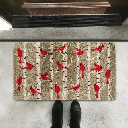 Red cardinals in birch doormat, 18 x 30