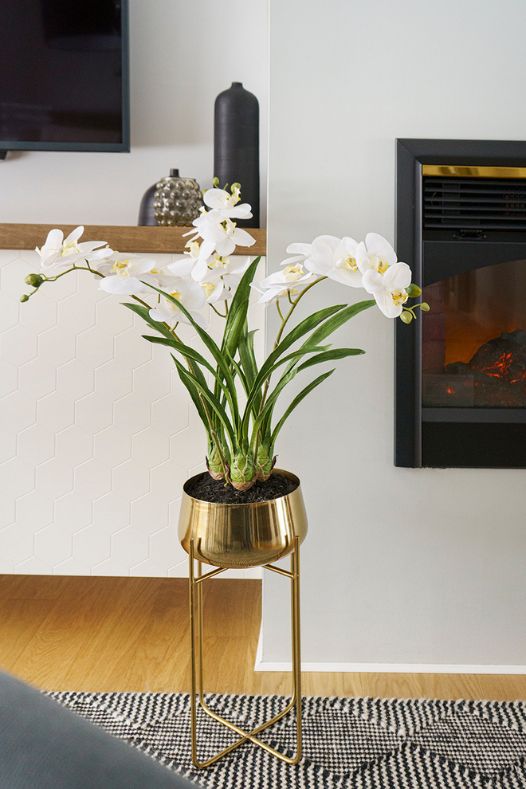 Plant d'orchidées en pot sur pied fait de métal devant un foyer - Décors Véronneau