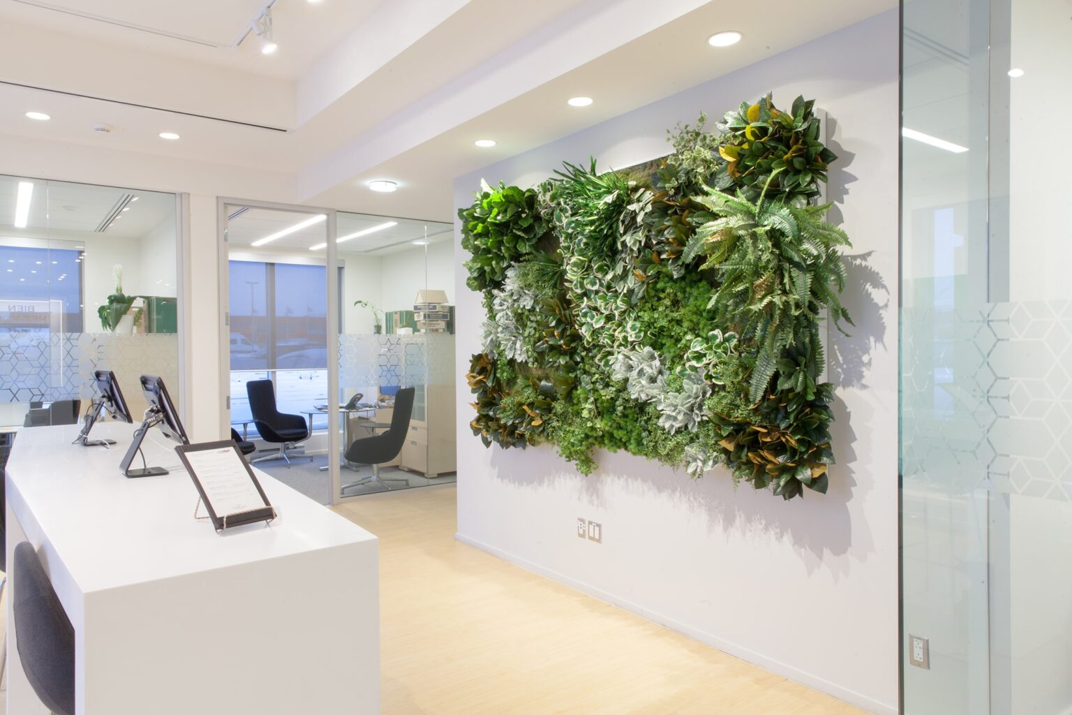 Mur végétalisé dense pour les bureaux de cette caisse populaire. - Décors Véronneau