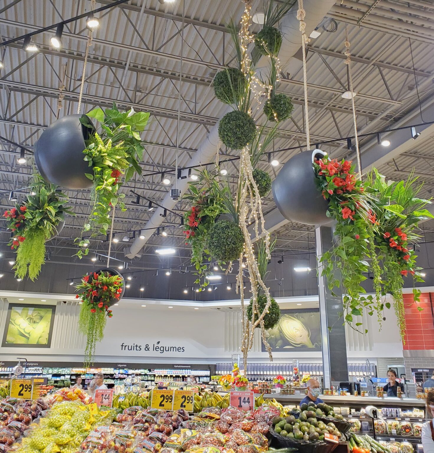 Composition d'arrangements et de branches de bois dans différentes zone de ce marché d'alimentation. - Décors Véronneau