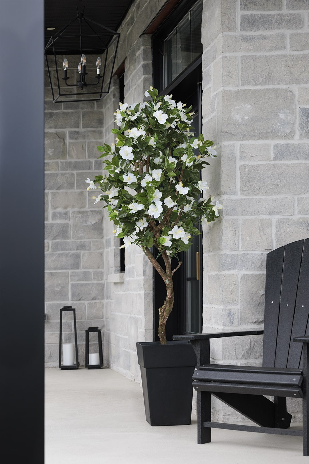 Arbre artificiel d'hibiscus blanc devant une maison moderne. - Décors Véronneau