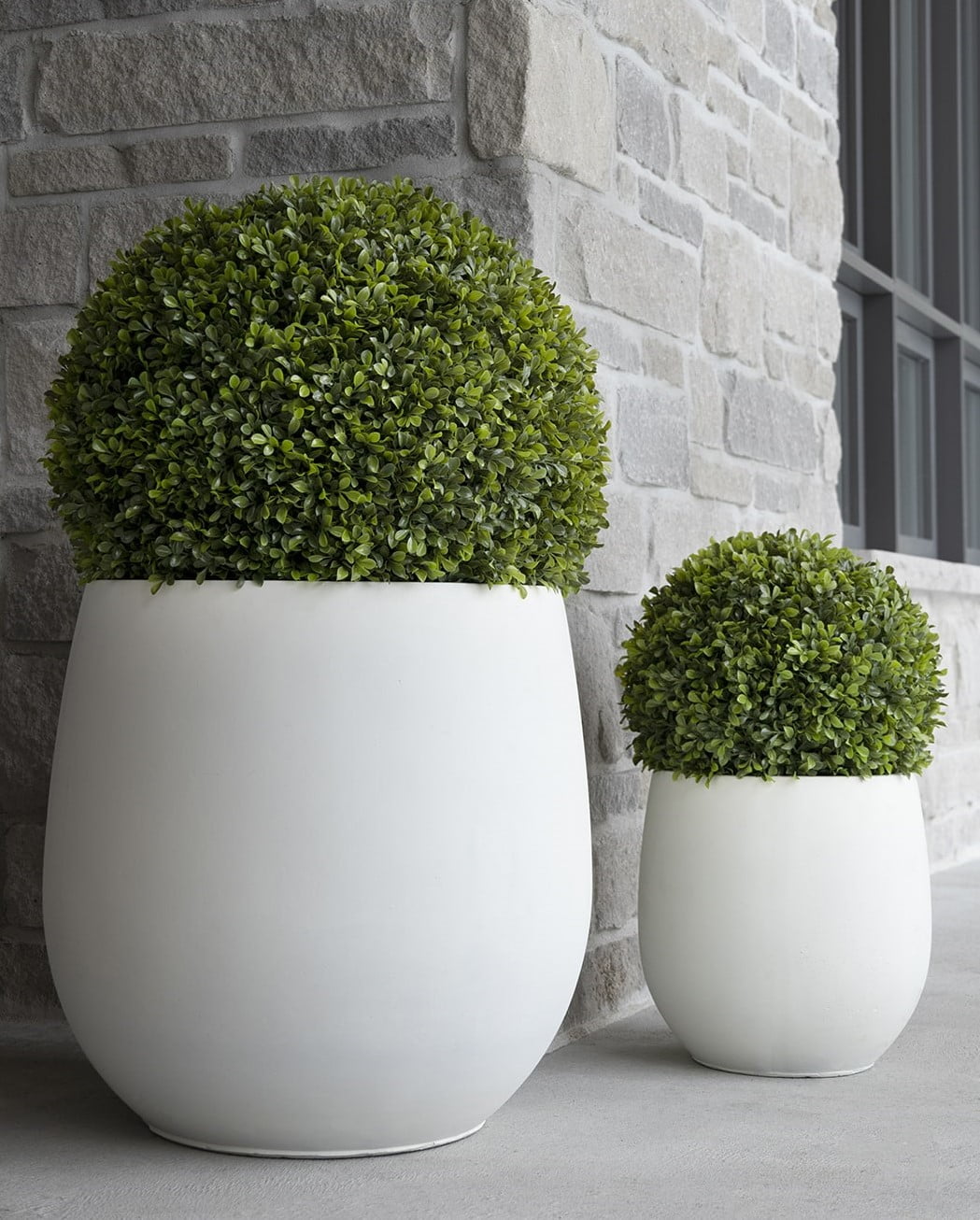 Duo de boules de buis artificiel dans des pots blancs arrondis. - Décors Véronneau