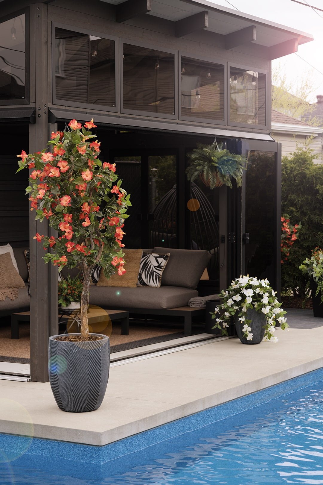 Arbre artificiel de fleurs d'hibiscus orange sur le bord d'une piscine - Décors Véronneau