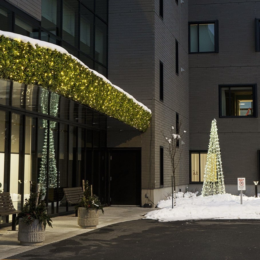 Décor pour le CHSLD Val Des Brises à Laval. Ajout de feuillage artificiel de buis avec intégration de jeux de petites lumières DEL blanc chaud. Ajout d'un sapin de Noël, structure de métal blanche et lumières intégrées dans le parterre. - Décors Véronneau
