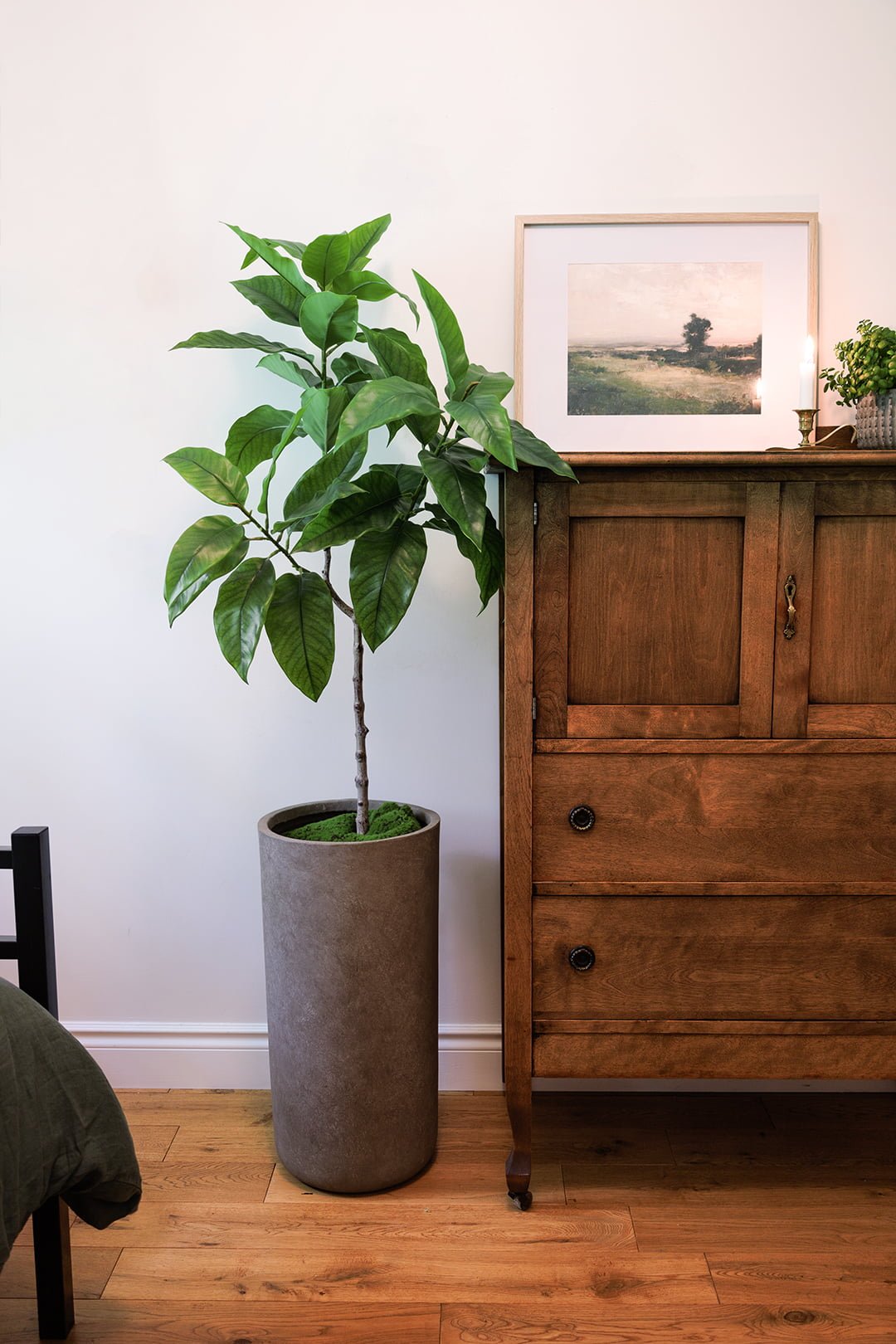 Plante artificielle sans entretien dans un pot gris en fibre d'argile - Décors Véronneau