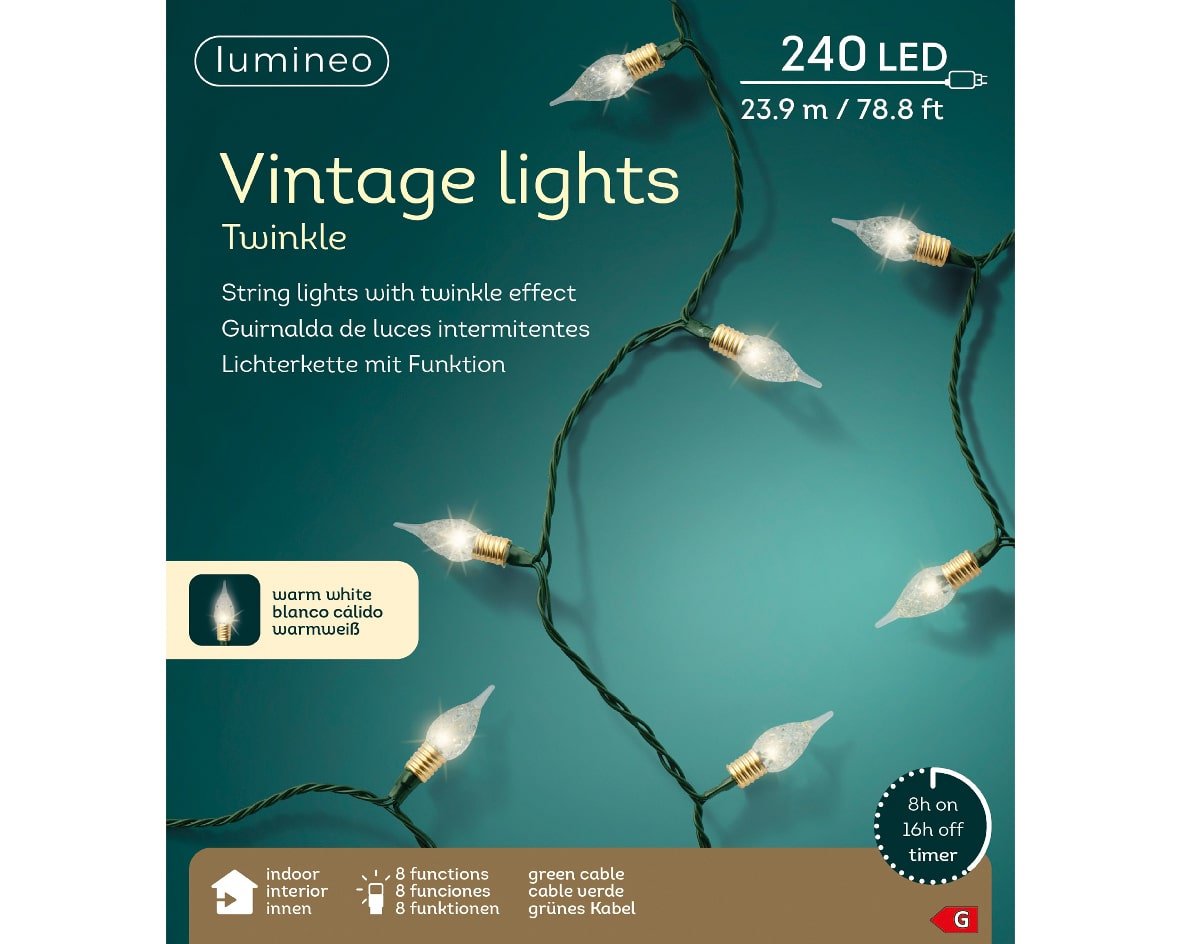 240 DELs vintage scintillantes, blanc chaud, fil vert, int, 78' – Image 4 - Décors Véronneau
