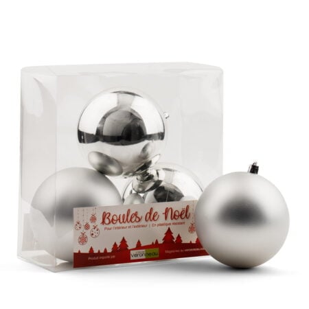 Box of matte and shiny silver Christmas ball ornaments, 4-6'' - Décors Véronneau