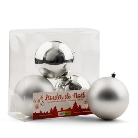 Box of matte and shiny silver Christmas ball ornaments, 4-6'' - Décors Véronneau