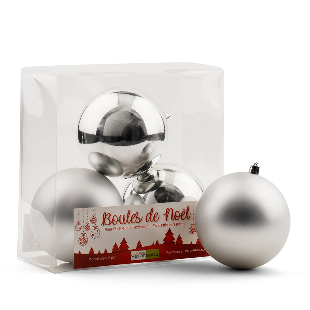 Boîte de boules de Noël argent lustrées et mattes, 4-6'' – Image 2 - Décors Véronneau