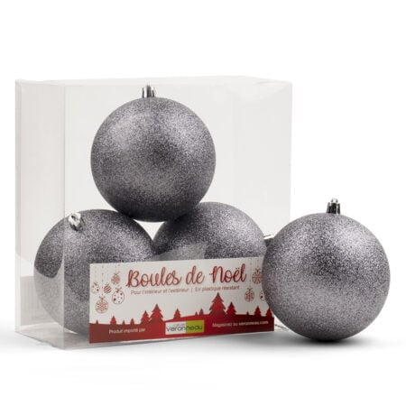 Box of glittery pewter Christmas balls, 4-6